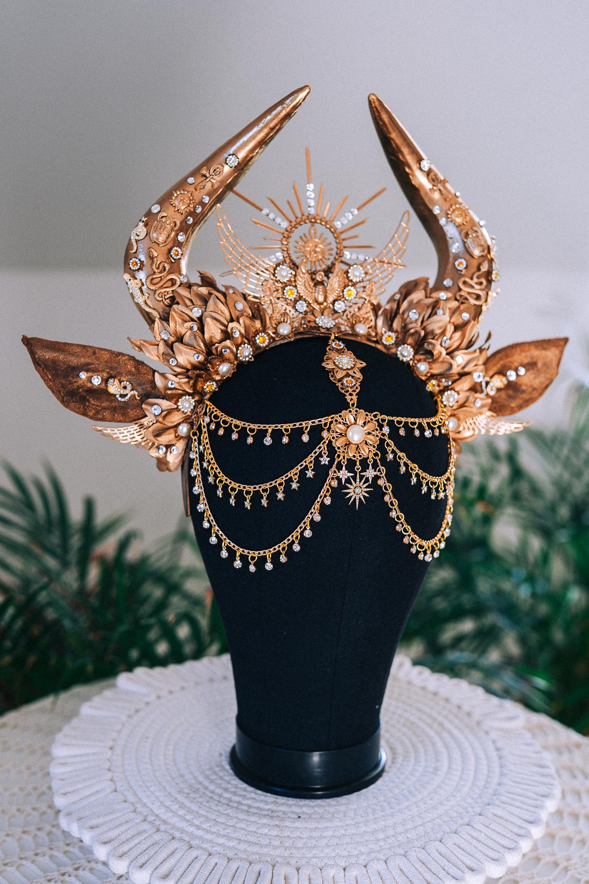 Cleopatra Gold Horn Crown Goddess Hathor Headdress Sun Halo Jewelry Festival Costume Headpiece Sacred Bridal Tiara