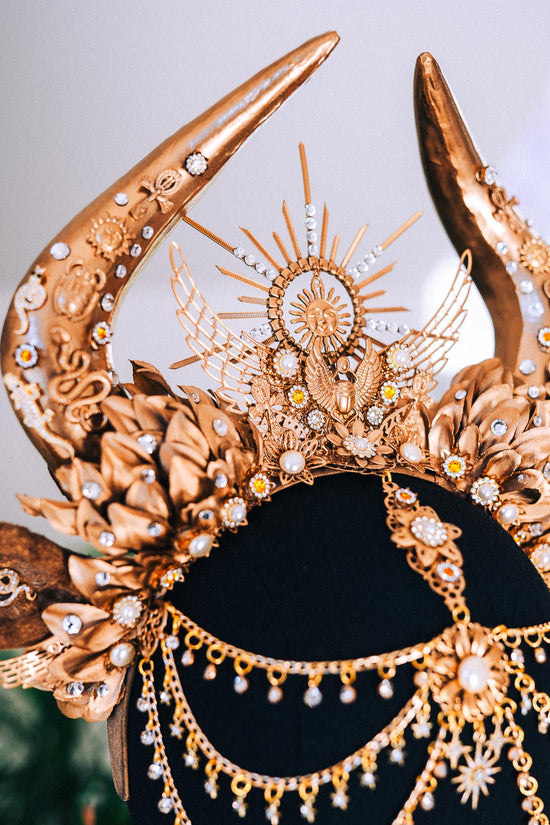 Cleopatra Gold Horn Crown Goddess Hathor Headdress Sun Halo Jewelry Festival Costume Headpiece Sacred Bridal Tiara
