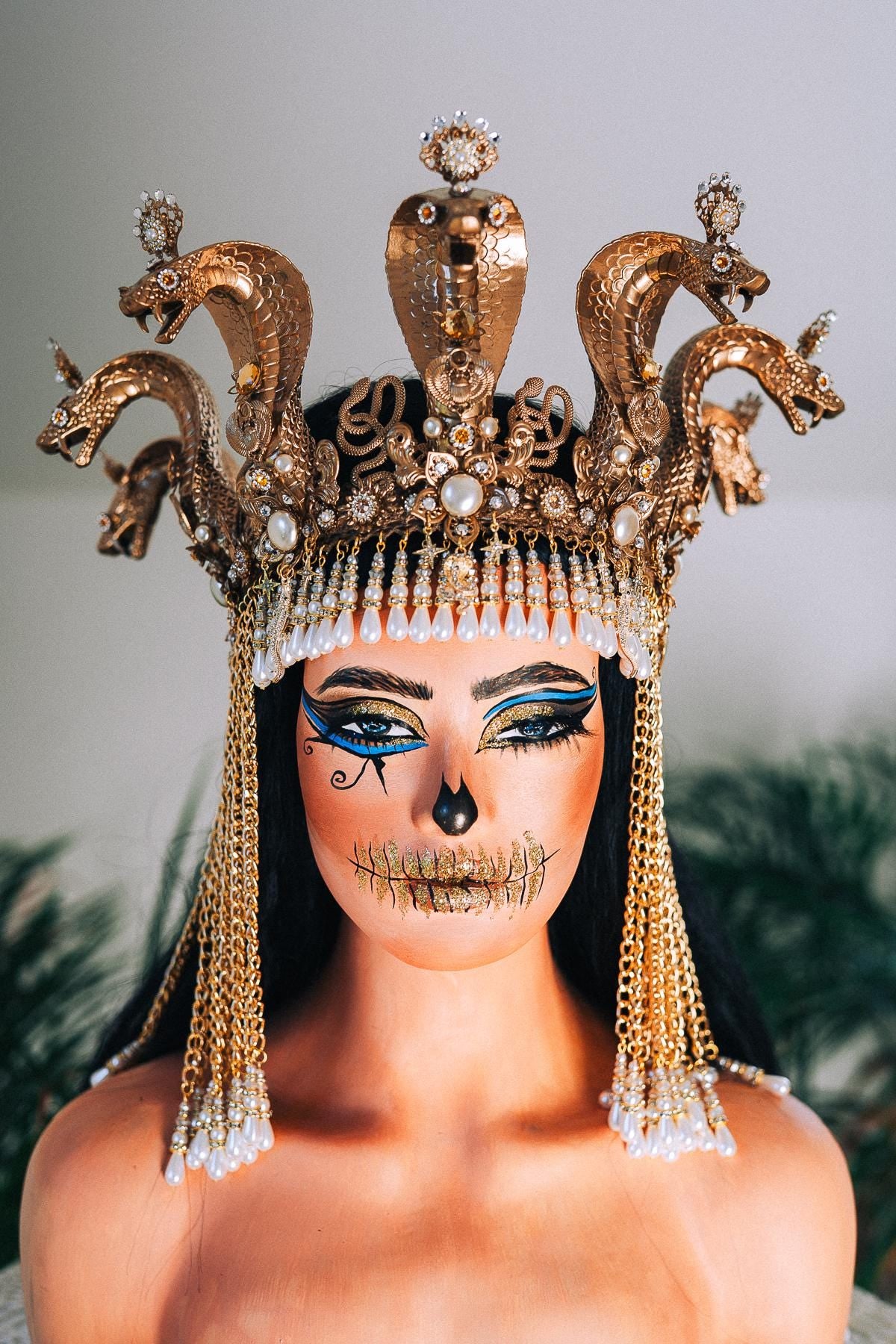 Cleopatra Cobra Crown Gold Egyptian Headpiece Halloween Tiara Festival Pearl Headdress Snake Costume Queen Tiara Royal Goddess Carnival