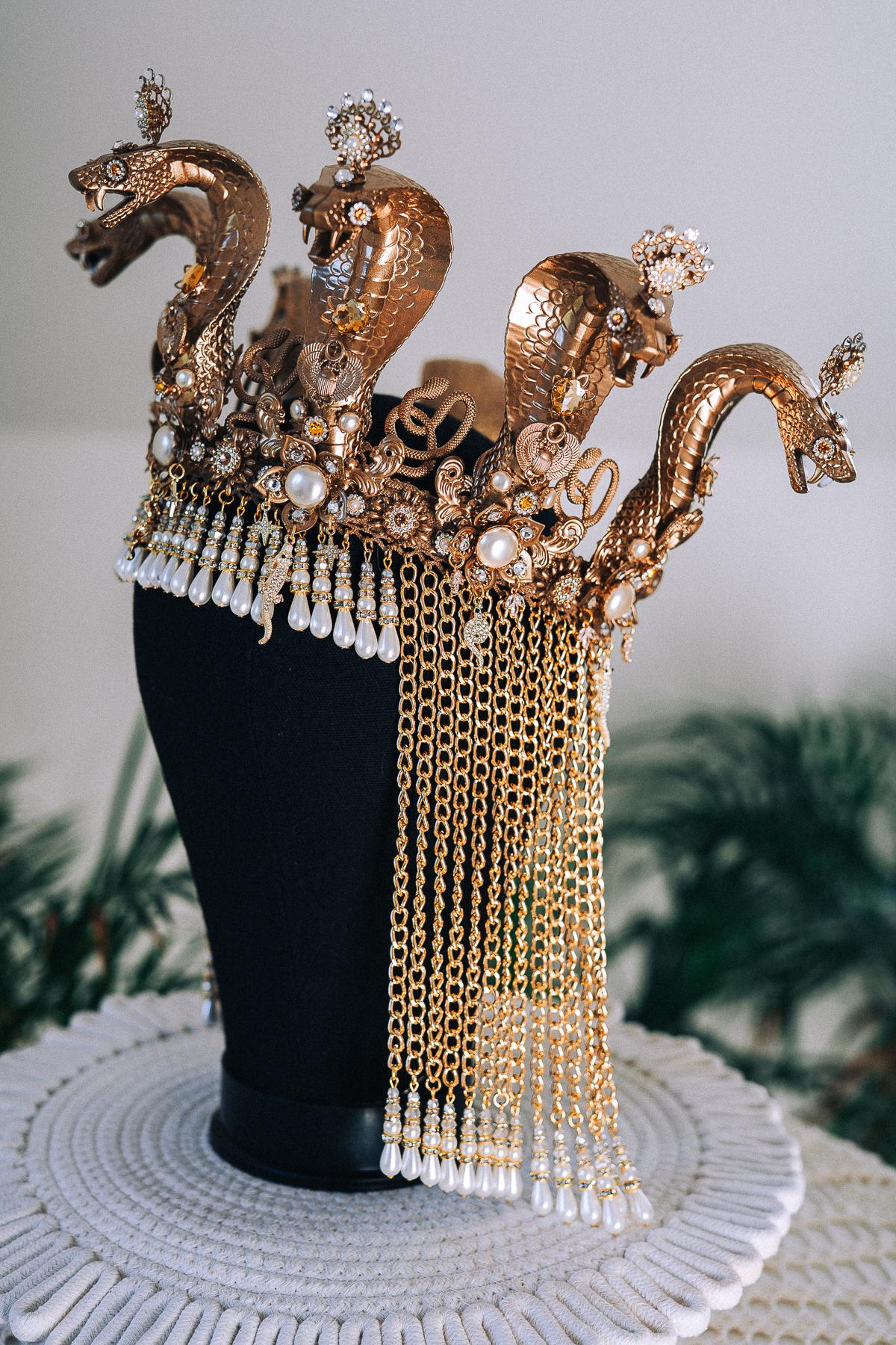 Cleopatra Cobra Crown Gold Egyptian Headpiece Halloween Tiara Festival Pearl Headdress Snake Costume Queen Tiara Royal Goddess Carnival