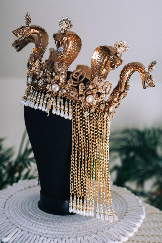 Cleopatra Cobra Crown Gold Egyptian Headpiece Halloween Tiara Festival Pearl Headdress Snake Costume Queen Tiara Royal Goddess Carnival