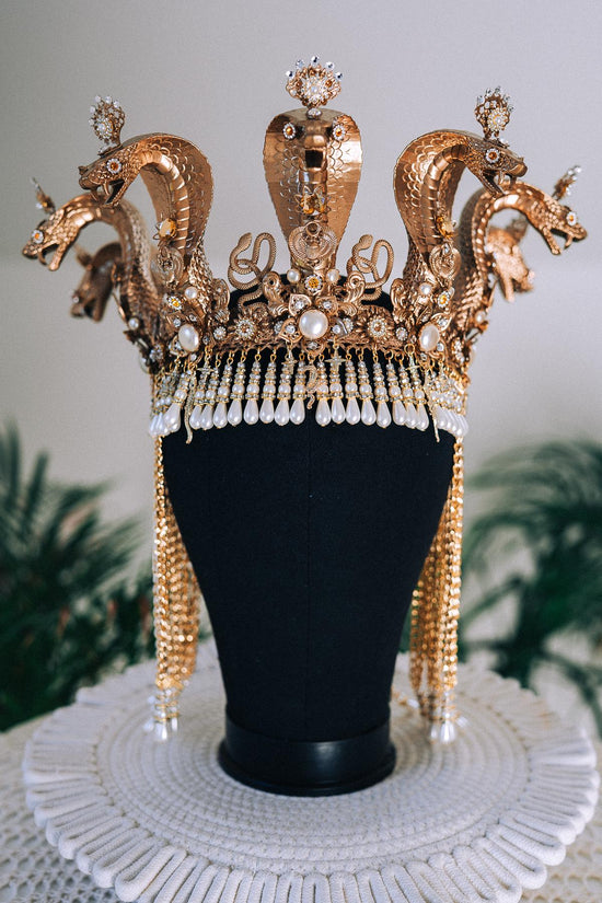 Cleopatra Cobra Crown Gold Egyptian Headpiece Halloween Tiara Festival Pearl Headdress Snake Costume Queen Tiara Royal Goddess Carnival