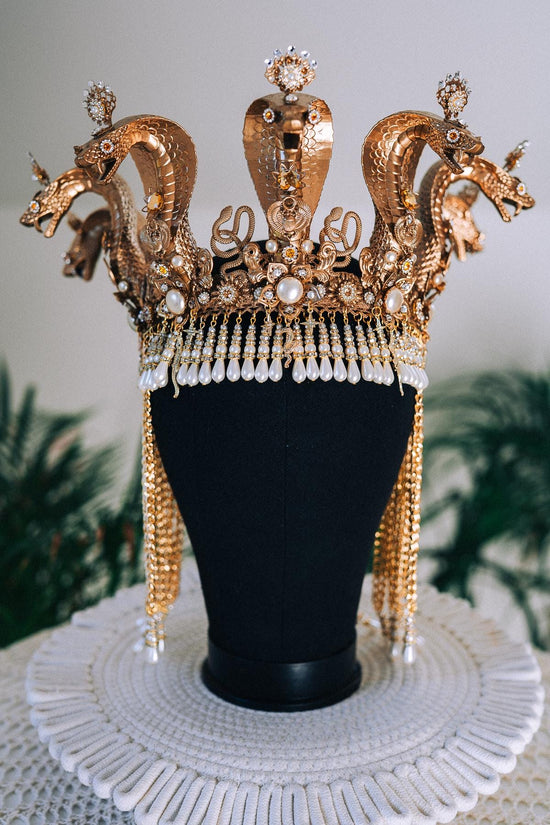 Cleopatra Cobra Crown Gold Egyptian Headpiece Halloween Tiara Festival Pearl Headdress Snake Costume Queen Tiara Royal Goddess Carnival