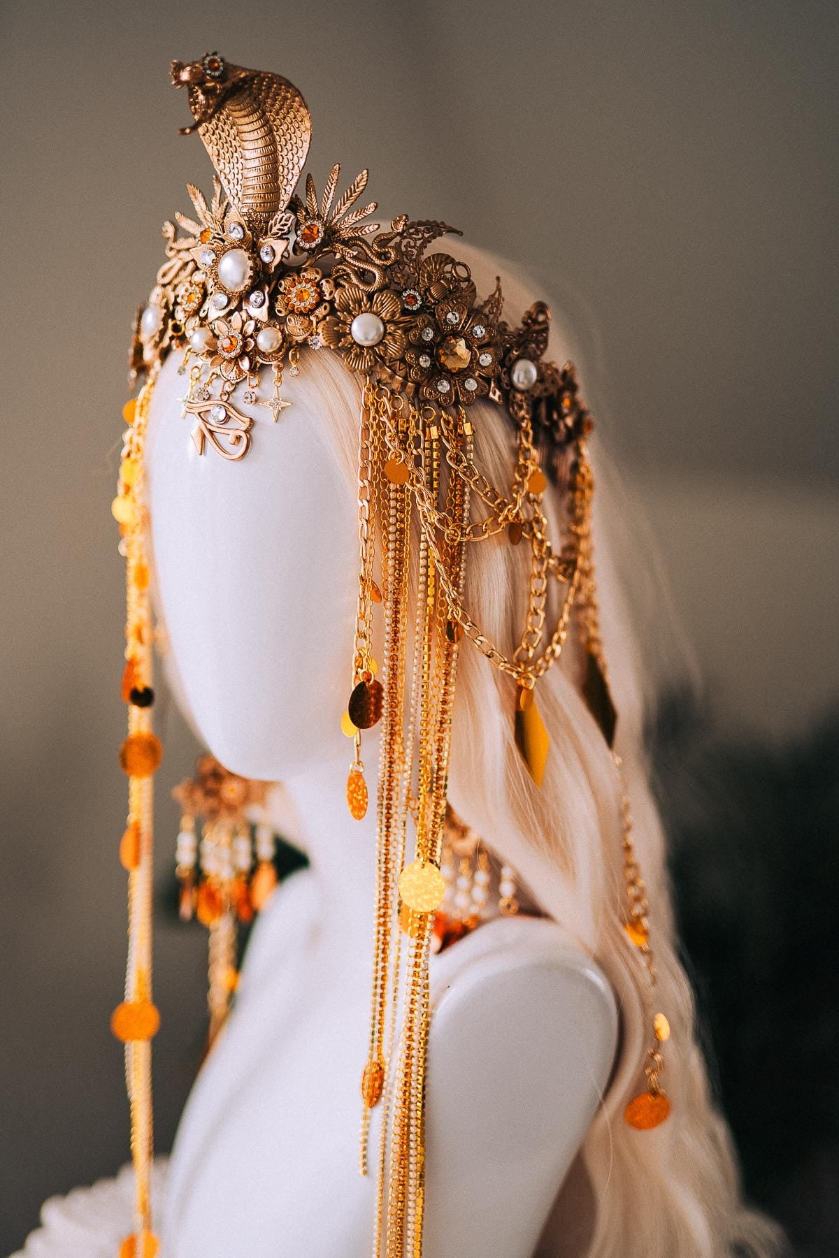 Cleopatra Earrings Gold Snake Jewelry Ancient Egypt Costume Accessory Festival Earrings Goddess Statement Pearl Drop Earrings