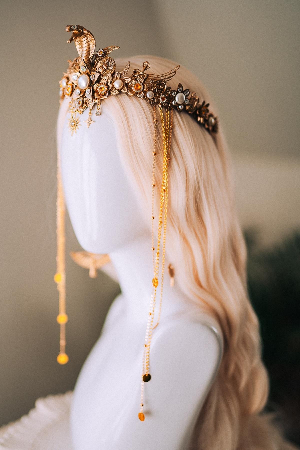 Cleopatra Gold Snake Crown Celestial Goddess Headpiece Wings Pearls Crystals Royal Serpent Tiara Festival Costume Jewelry Bride