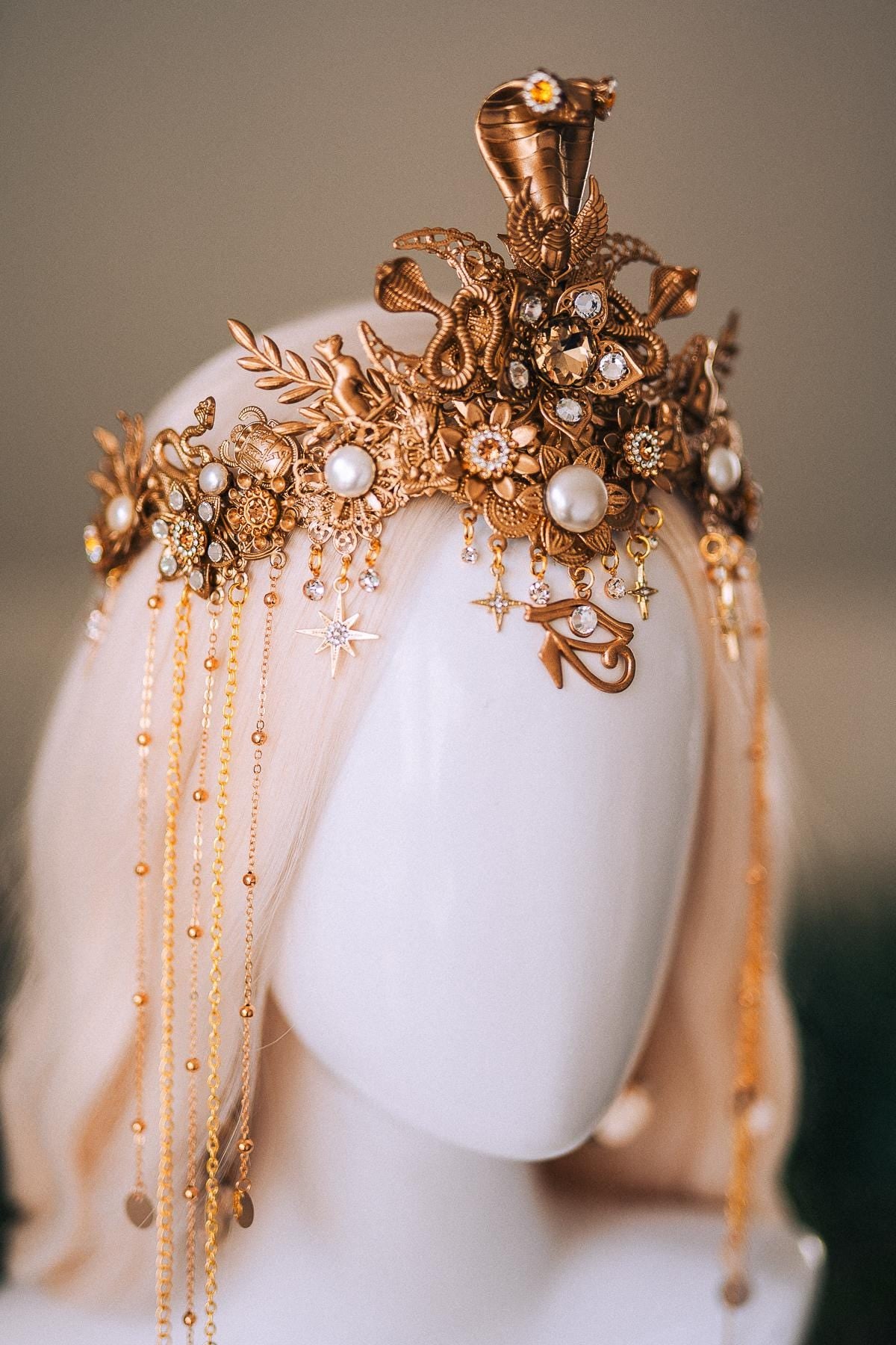 Cleopatra Cobra Gold Crown Snake Headpiece Goddess Crown Egyptian Wedding Tiara Gold Crown with Chains Costume Headpiece Festival