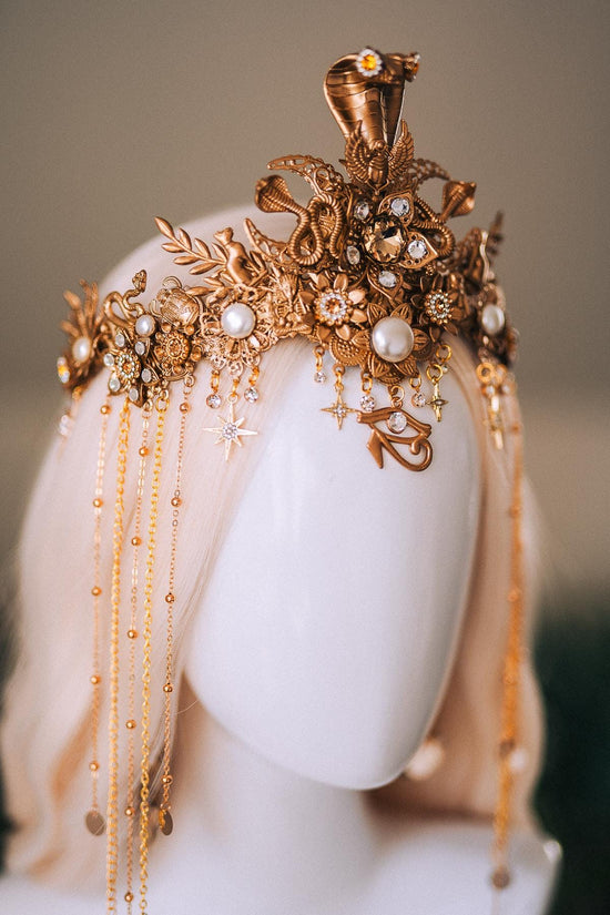 Cleopatra Cobra Gold Crown Snake Headpiece Goddess Crown Egyptian Wedding Tiara Gold Crown with Chains Costume Headpiece Festival