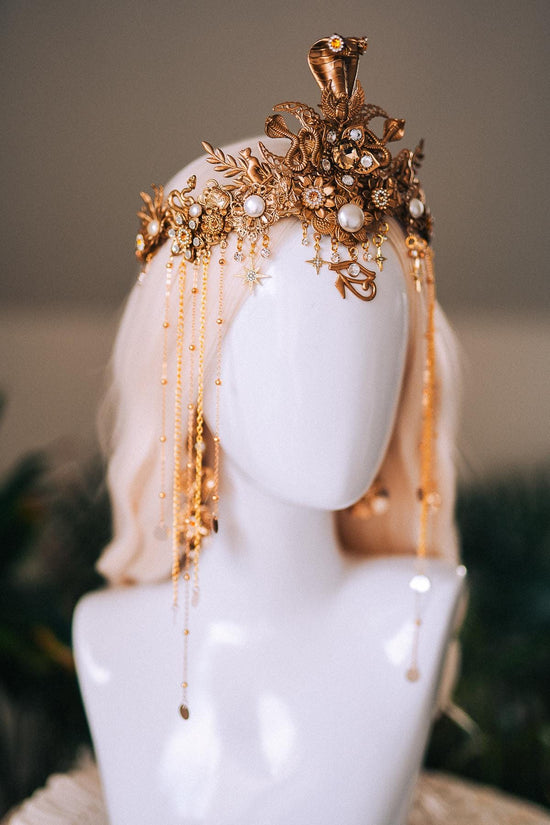 Cleopatra Cobra Gold Crown Snake Headpiece Goddess Crown Egyptian Wedding Tiara Gold Crown with Chains Costume Headpiece Festival