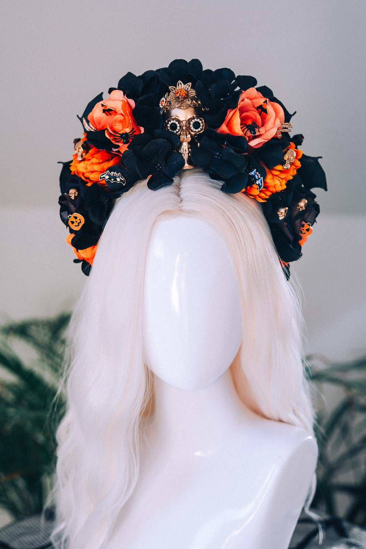 Halloween Skull Crown Black Orange Roses Gothic Flower Headpiece Pumpkin Bat Spider Costume Dia De Los Muertos Accessories