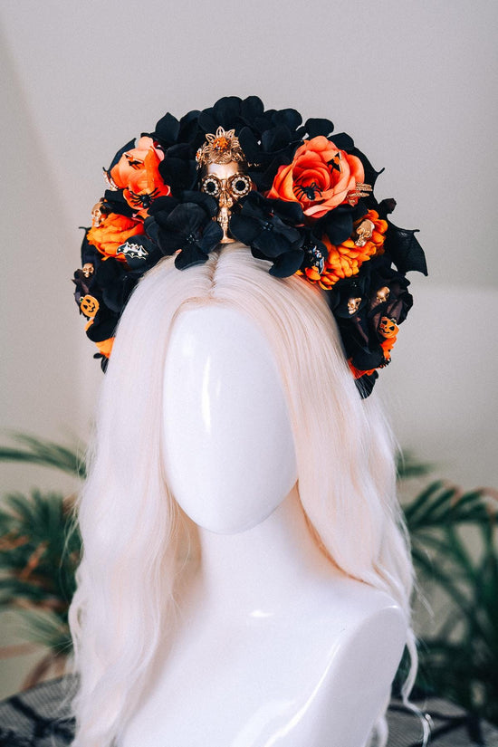 Halloween Skull Crown Black Orange Roses Gothic Flower Headpiece Pumpkin Bat Spider Costume Dia De Los Muertos Accessories
