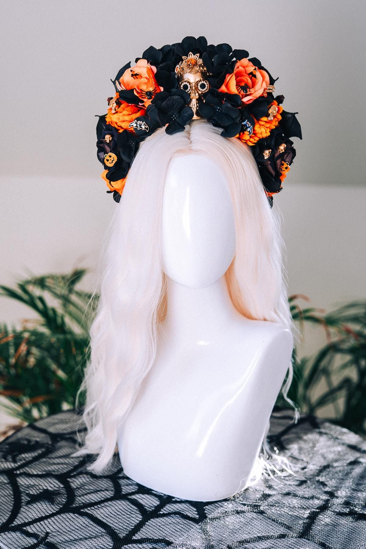 Halloween Skull Crown Black Orange Roses Gothic Flower Headpiece Pumpkin Bat Spider Costume Dia De Los Muertos Accessories