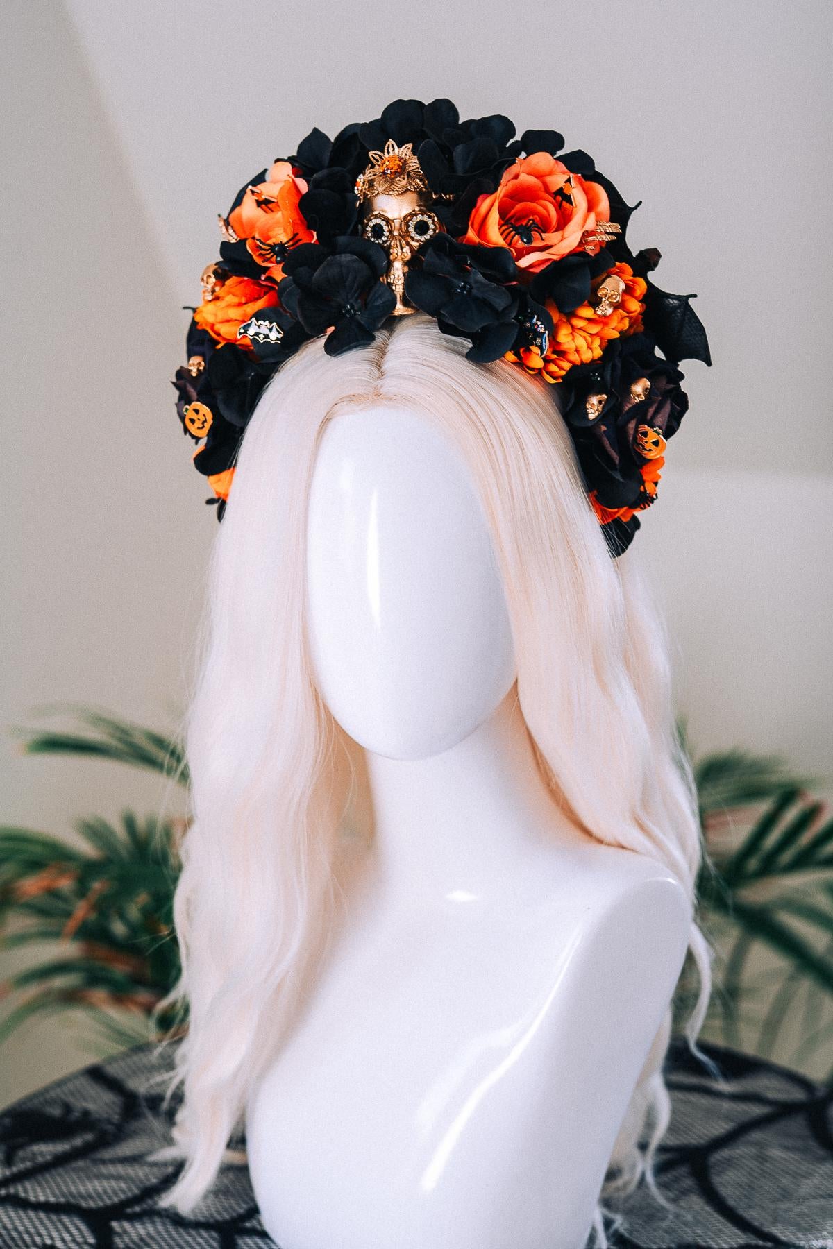 Halloween Skull Crown Black Orange Roses Gothic Flower Headpiece Pumpkin Bat Spider Costume Dia De Los Muertos Accessories