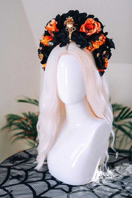 Halloween Skull Crown Black Orange Roses Gothic Flower Headpiece Pumpkin Bat Spider Costume Dia De Los Muertos Accessories