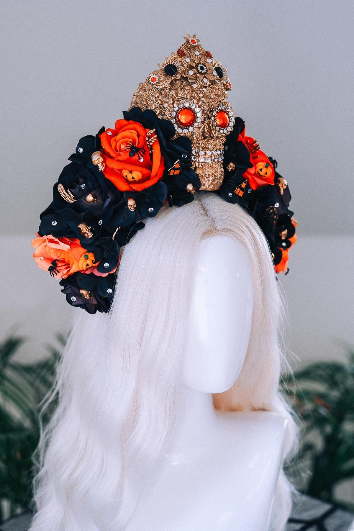 SALE Halloween Skull Crown Black Orange Roses Gothic Headpiece Crystal Skull Costume Spooky Pumpkin Bat Spider Witch Accessories