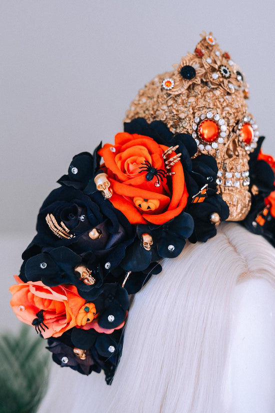 SALE Halloween Skull Crown Black Orange Roses Gothic Headpiece Crystal Skull Costume Spooky Pumpkin Bat Spider Witch Accessories