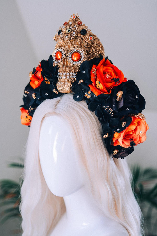 SALE Halloween Skull Crown Black Orange Roses Gothic Headpiece Crystal Skull Costume Spooky Pumpkin Bat Spider Witch Accessories