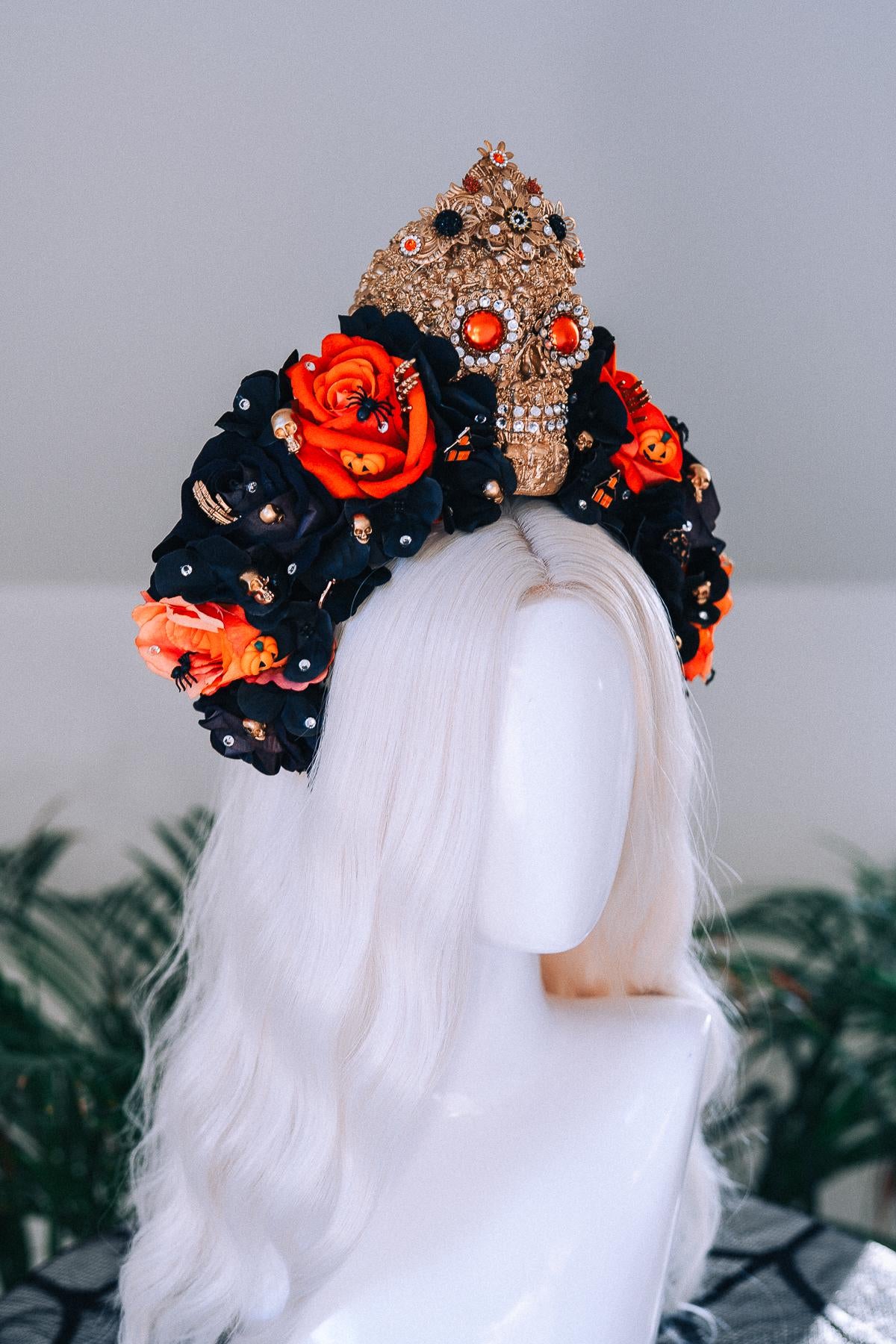 SALE Halloween Skull Crown Black Orange Roses Gothic Headpiece Crystal Skull Costume Spooky Pumpkin Bat Spider Witch Accessories
