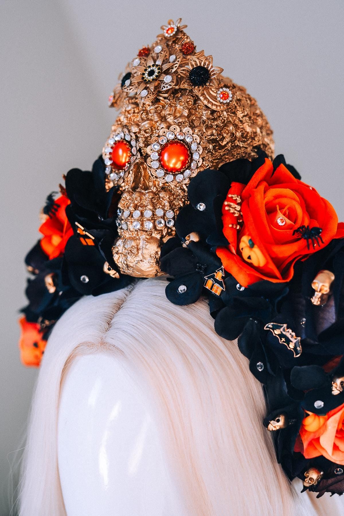 SALE Halloween Skull Crown Black Orange Roses Gothic Headpiece Crystal Skull Costume Spooky Pumpkin Bat Spider Witch Accessories