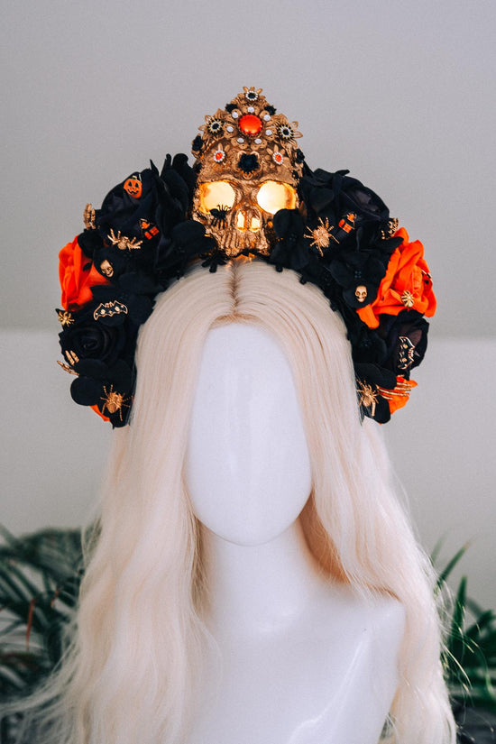 Light Up Halloween Skull Crown Black Orange Roses Gothic Headpiece Glowing Skull Crown Spooky Witch Costume Halloween Parade