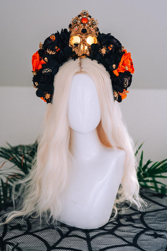 Light Up Halloween Skull Crown Black Orange Roses Gothic Headpiece Glowing Skull Crown Spooky Witch Costume Halloween Parade