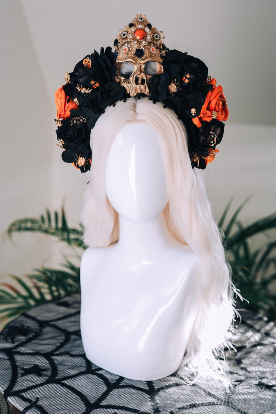 Light Up Halloween Skull Crown Black Orange Roses Gothic Headpiece Glowing Skull Crown Spooky Witch Costume Halloween Parade