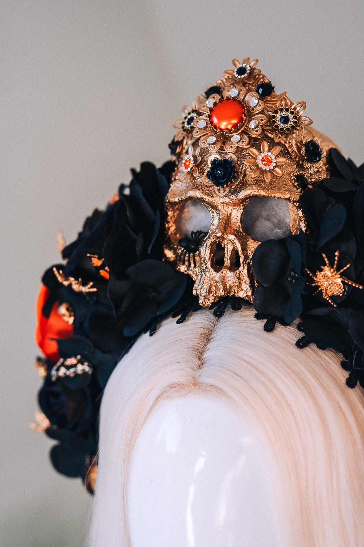 Light Up Halloween Skull Crown Black Orange Roses Gothic Headpiece Glowing Skull Crown Spooky Witch Costume Halloween Parade