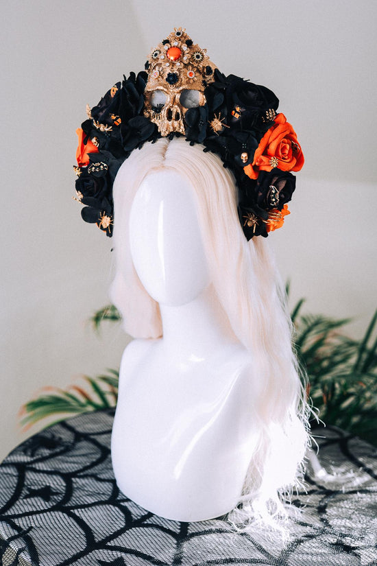 Light Up Halloween Skull Crown Black Orange Roses Gothic Headpiece Glowing Skull Crown Spooky Witch Costume Halloween Parade