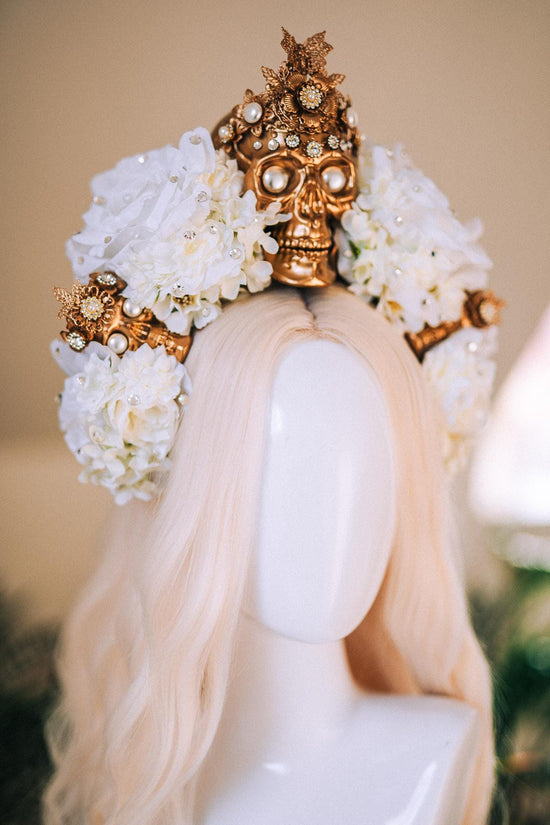 La Catrina White Gold Halo Crown Pearl Skull Headpiece Dia De Los Muertos Floral Goddess Crown