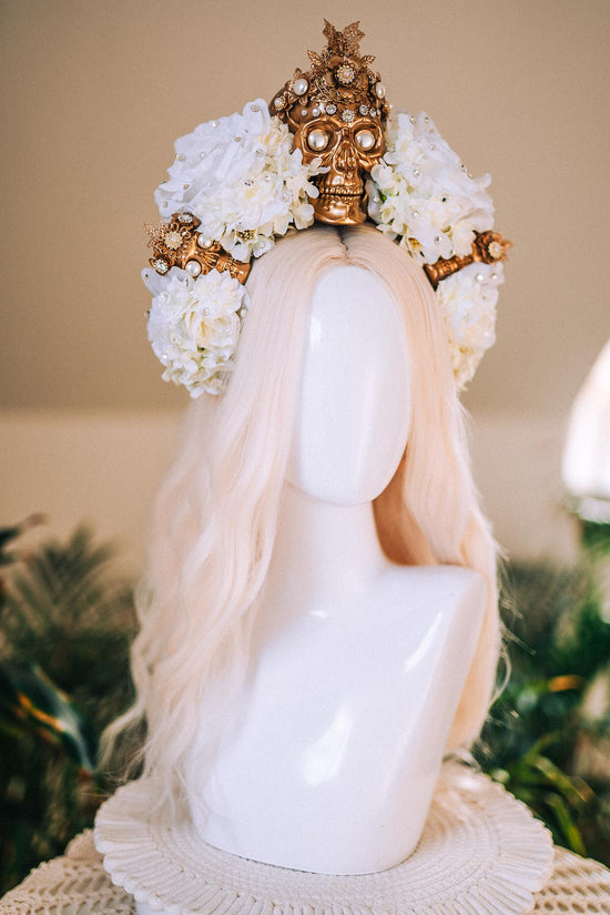 La Catrina White Gold Halo Crown Pearl Skull Headpiece Dia De Los Muertos Floral Goddess Crown