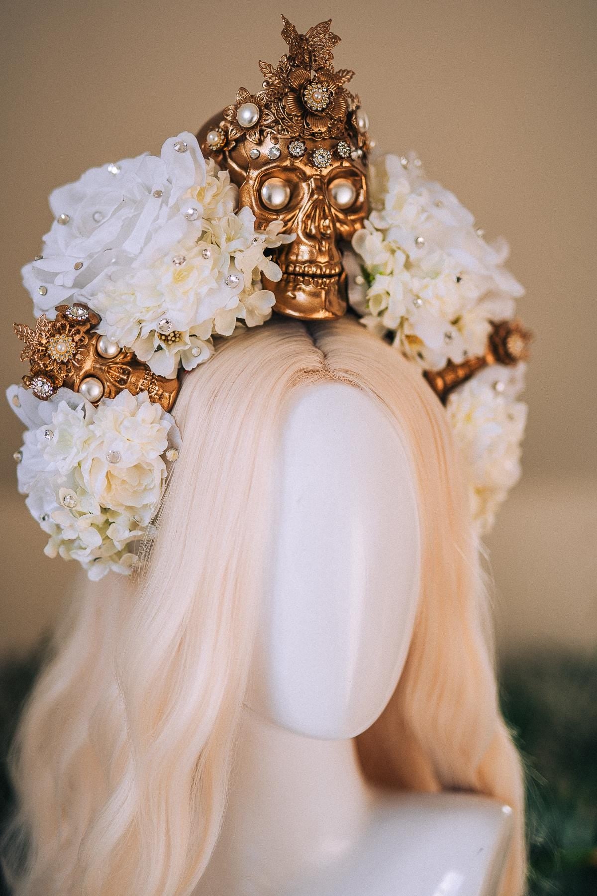 La Catrina White Gold Halo Crown Pearl Skull Headpiece Dia De Los Muertos Floral Goddess Crown