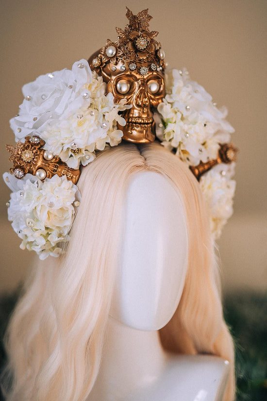 La Catrina White Gold Halo Crown Pearl Skull Headpiece Dia De Los Muertos Floral Goddess Crown