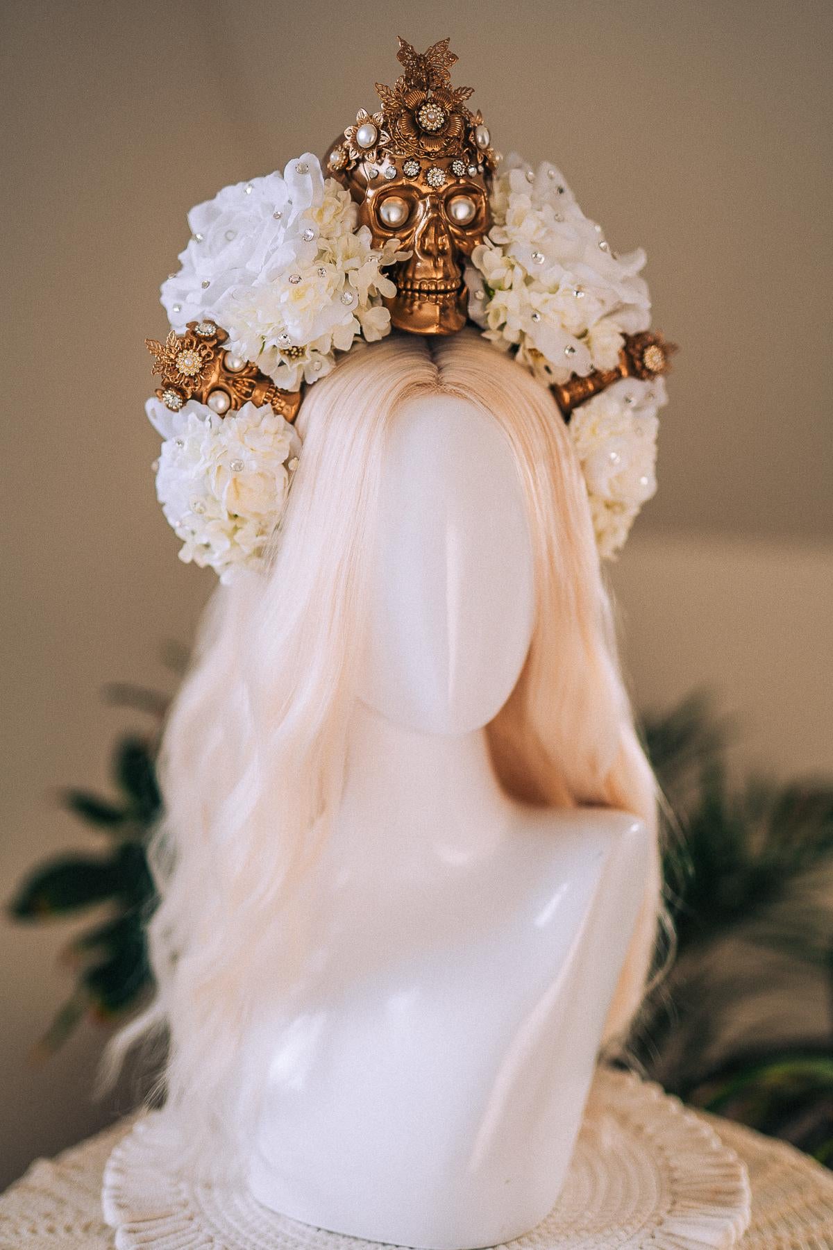 La Catrina White Gold Halo Crown Pearl Skull Headpiece Dia De Los Muertos Floral Goddess Crown