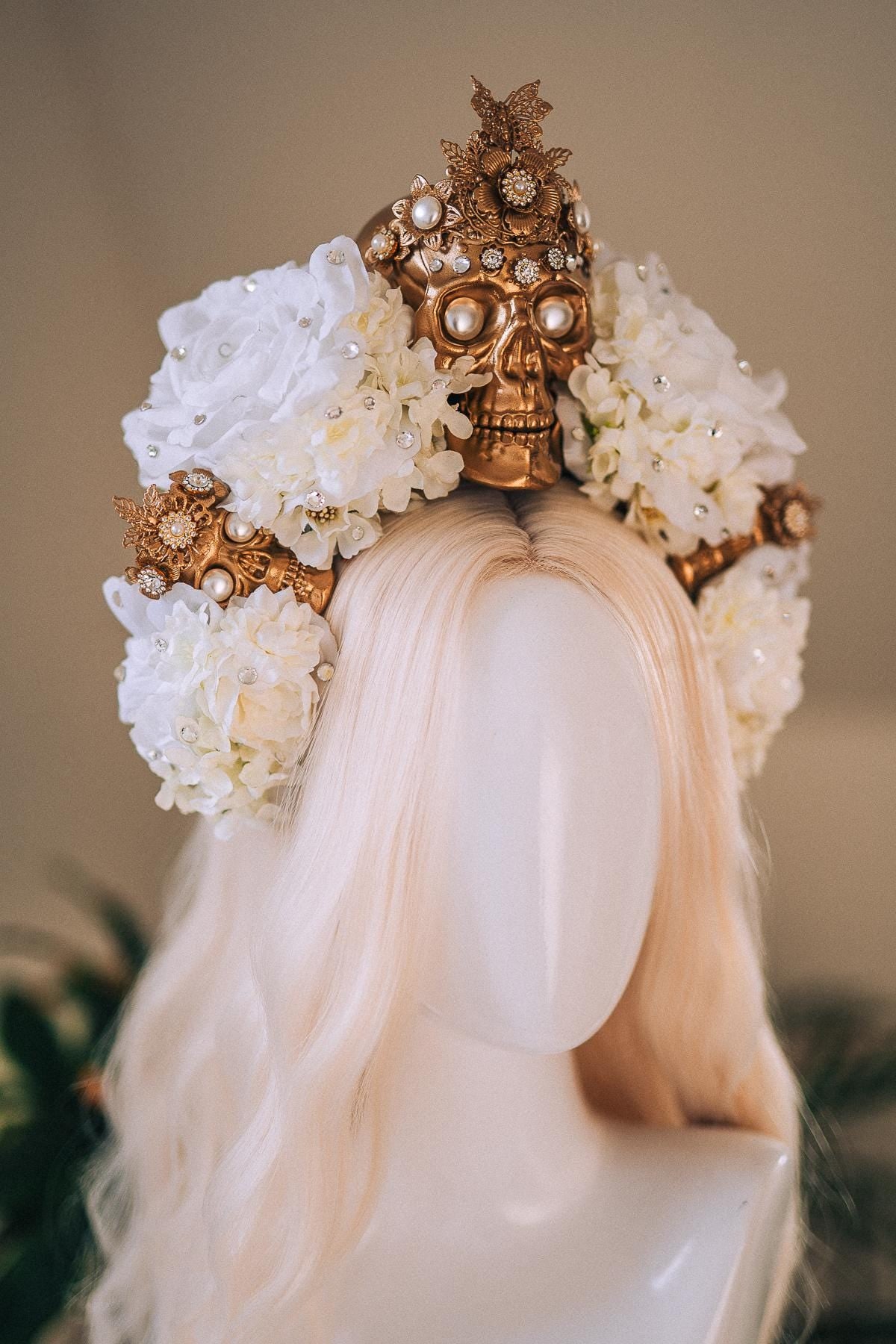 La Catrina White Gold Halo Crown Pearl Skull Headpiece Dia De Los Muertos Floral Goddess Crown