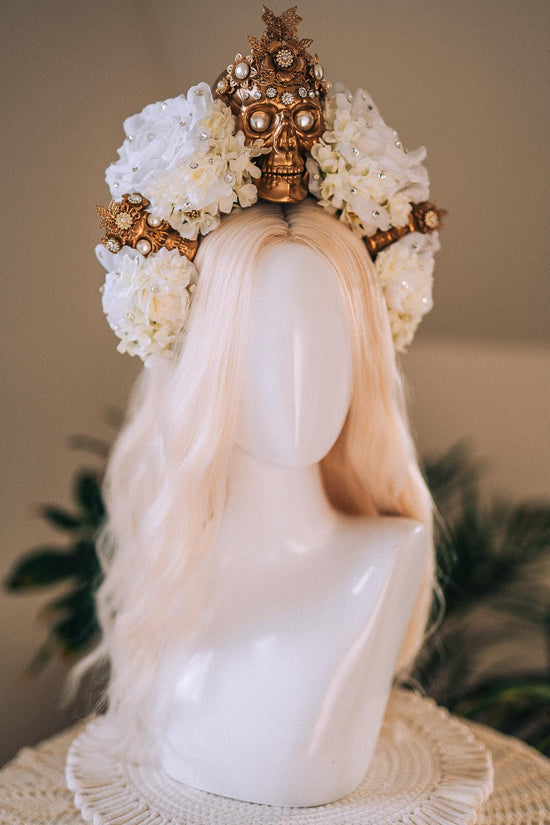 La Catrina White Gold Halo Crown Pearl Skull Headpiece Dia De Los Muertos Floral Goddess Crown