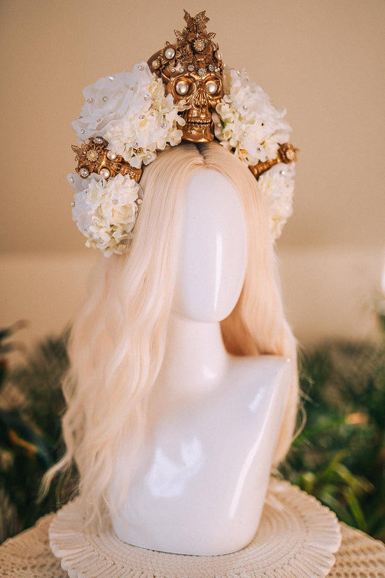 La Catrina White Gold Halo Crown Pearl Skull Headpiece Dia De Los Muertos Floral Goddess Crown