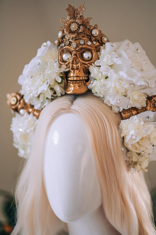 La Catrina White Gold Halo Crown Pearl Skull Headpiece Dia De Los Muertos Floral Goddess Crown
