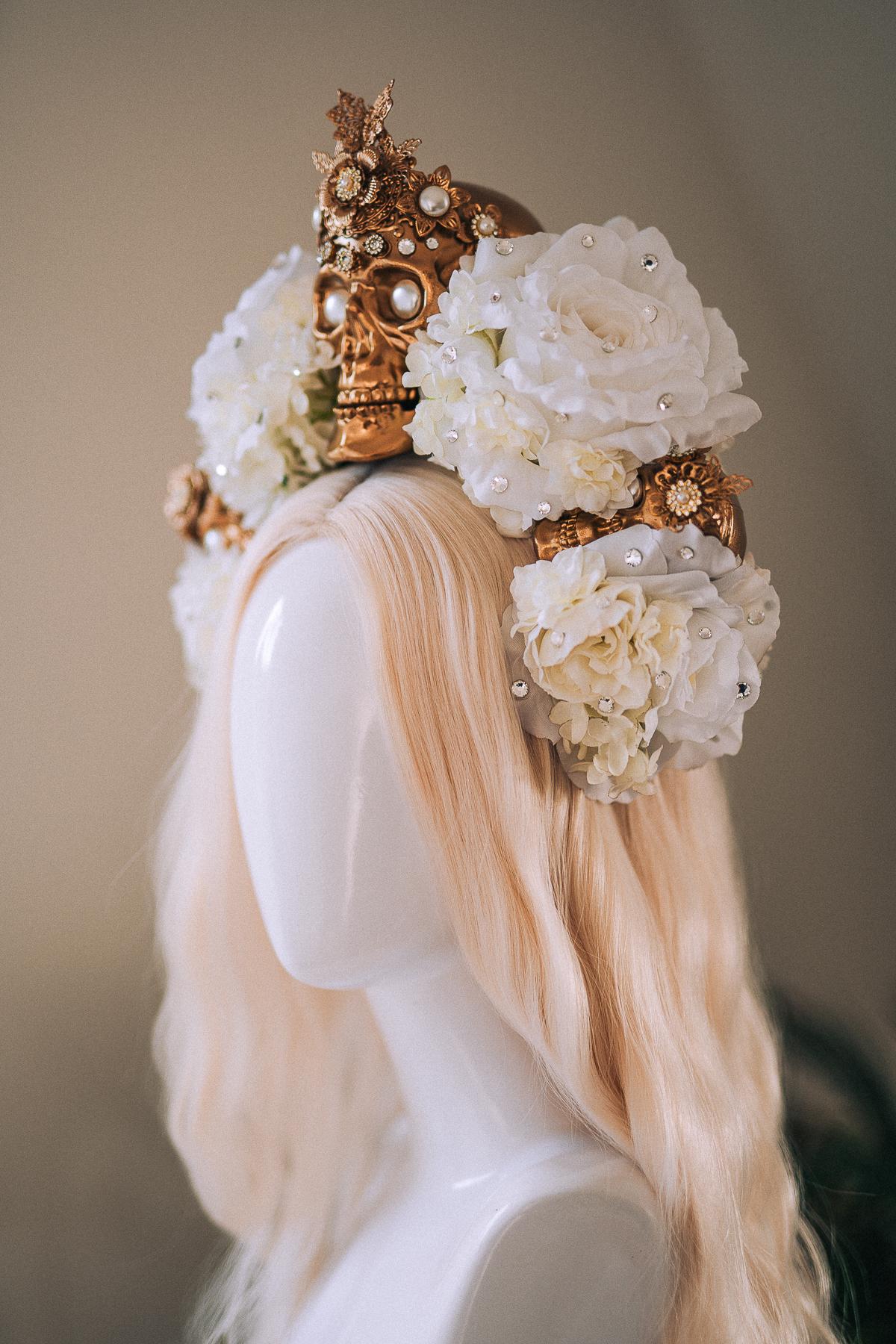 La Catrina White Gold Halo Crown Pearl Skull Headpiece Dia De Los Muertos Floral Goddess Crown