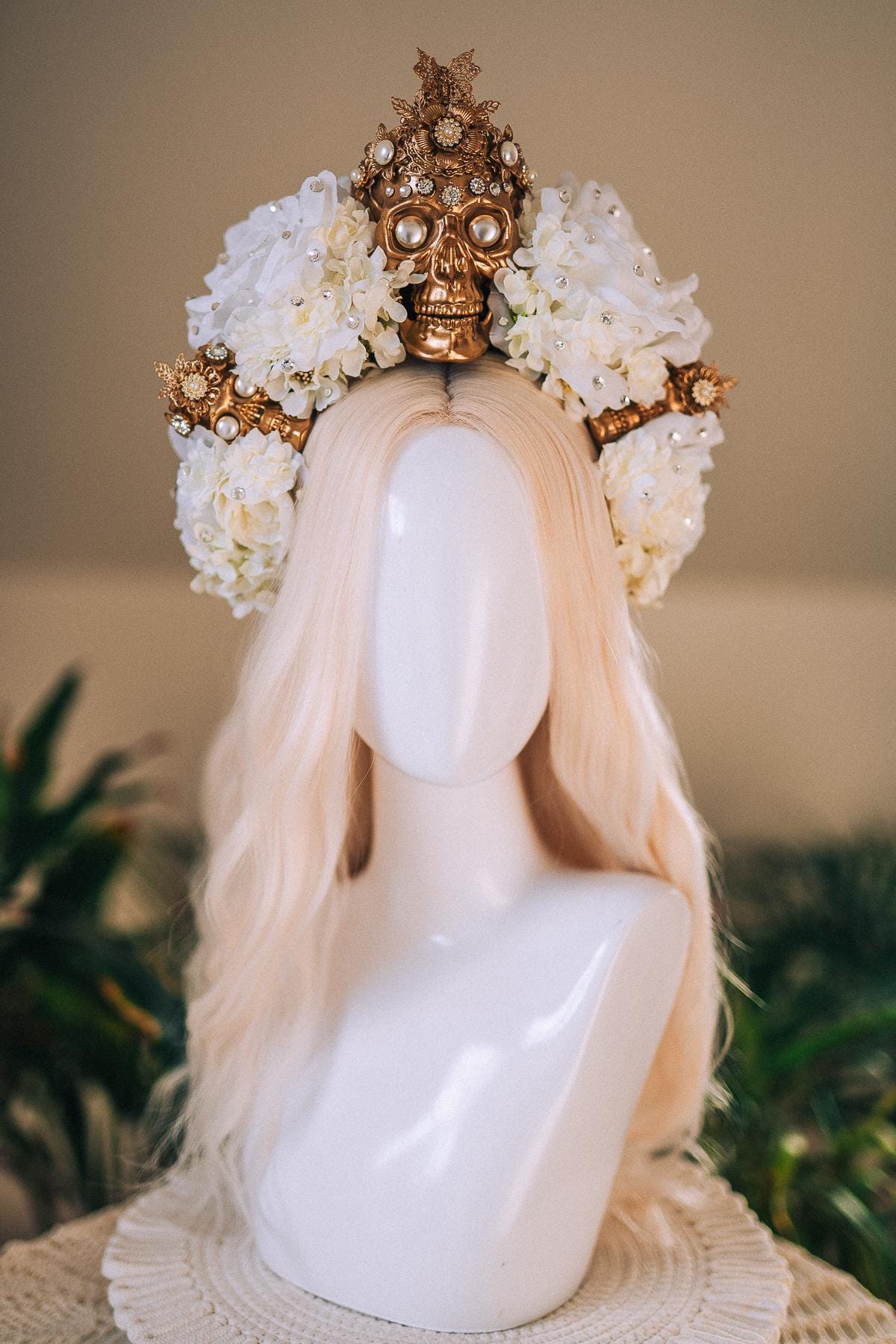 La Catrina White Gold Halo Crown Pearl Skull Headpiece Dia De Los Muertos Floral Goddess Crown