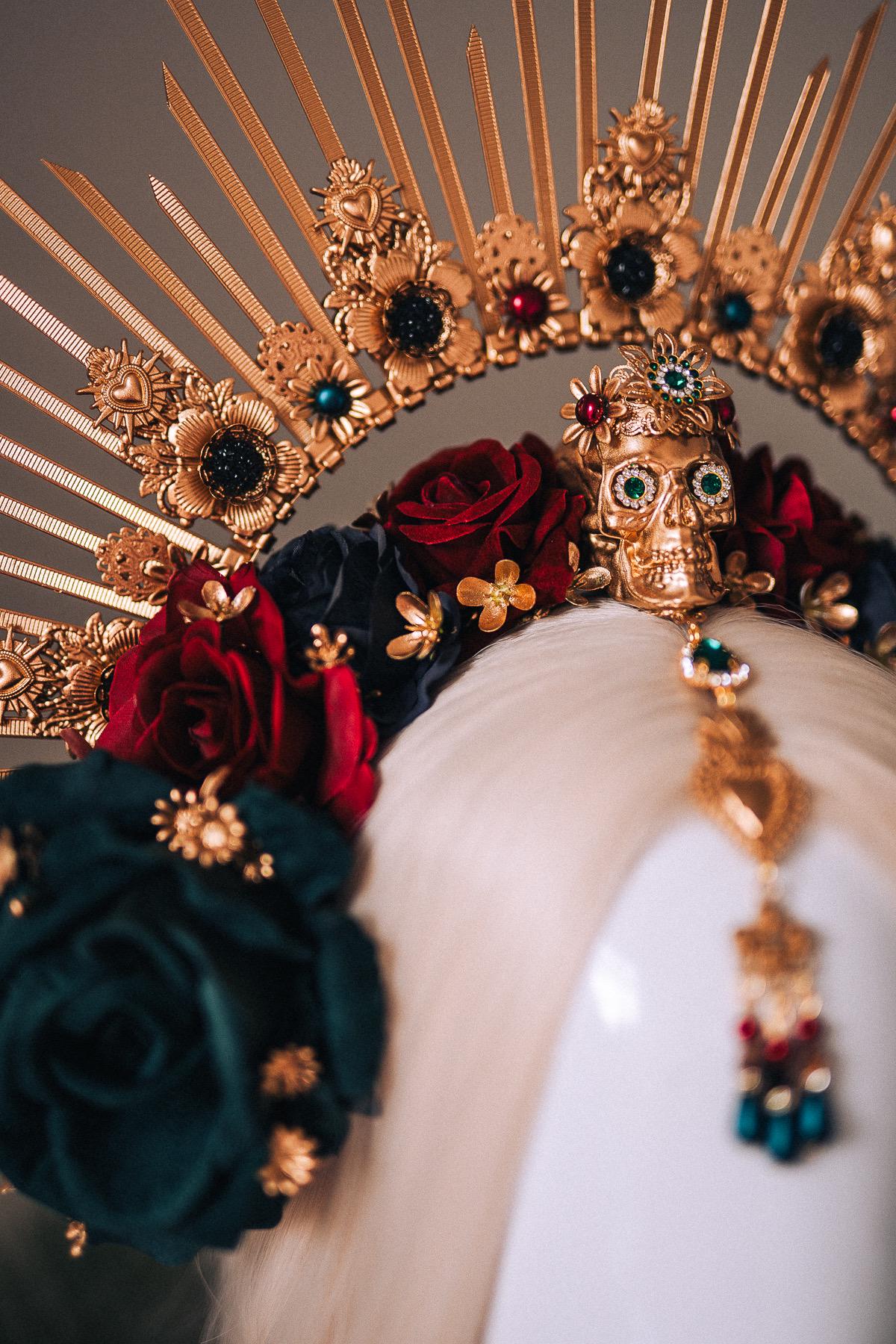 La Catrina Gold Emerald Halo Crown Red Roses Headpiece Dia De Los Muertos Floral Goddess Crown