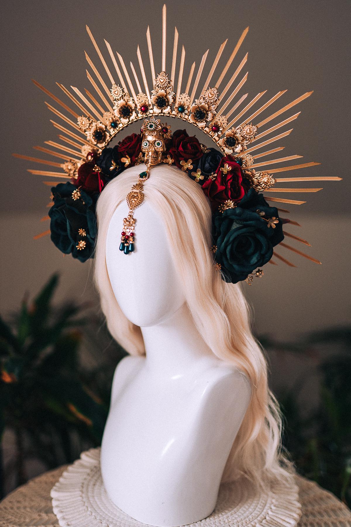 La Catrina Gold Emerald Halo Crown Red Roses Headpiece Dia De Los Muertos Floral Goddess Crown