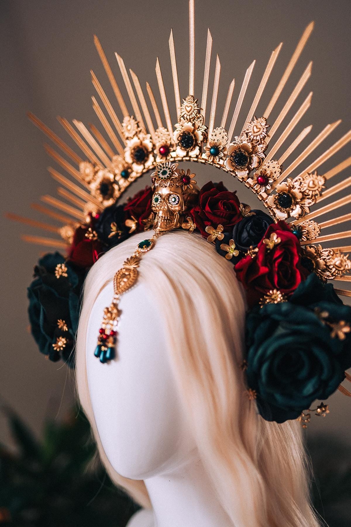 La Catrina Gold Emerald Halo Crown Red Roses Headpiece Dia De Los Muertos Floral Goddess Crown