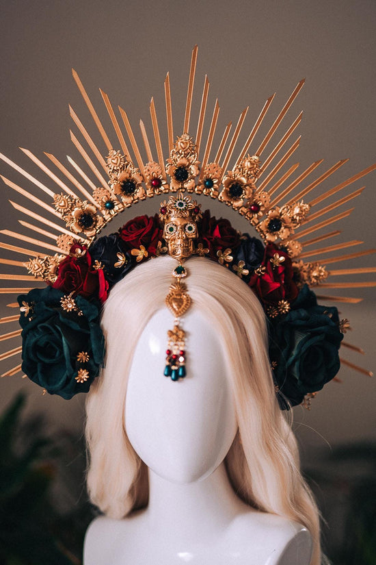 La Catrina Gold Emerald Halo Crown Red Roses Headpiece Dia De Los Muertos Floral Goddess Crown