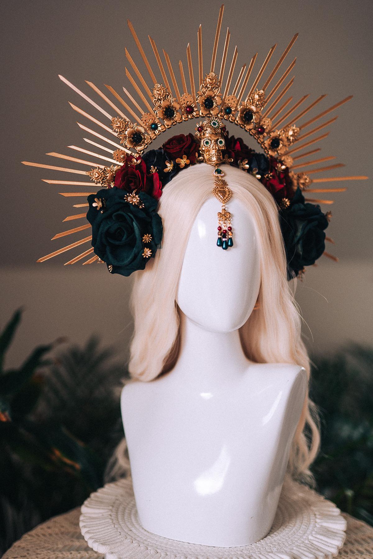 La Catrina Gold Emerald Halo Crown Red Roses Headpiece Dia De Los Muertos Floral Goddess Crown