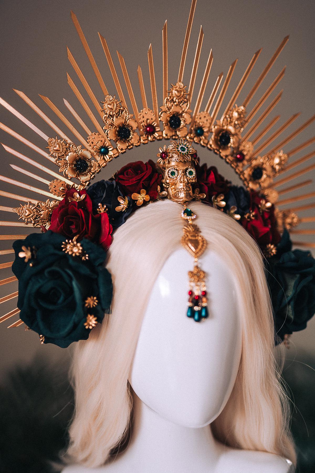 La Catrina Gold Emerald Halo Crown Red Roses Headpiece Dia De Los Muertos Floral Goddess Crown