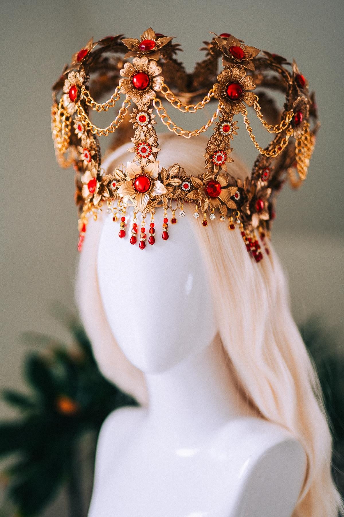 Royal Gold Baroque Crown Red Gem Queen Headpiece Regal Filigree Chain Drape Beaded Fringe Floral Tiara Statement Headdress
