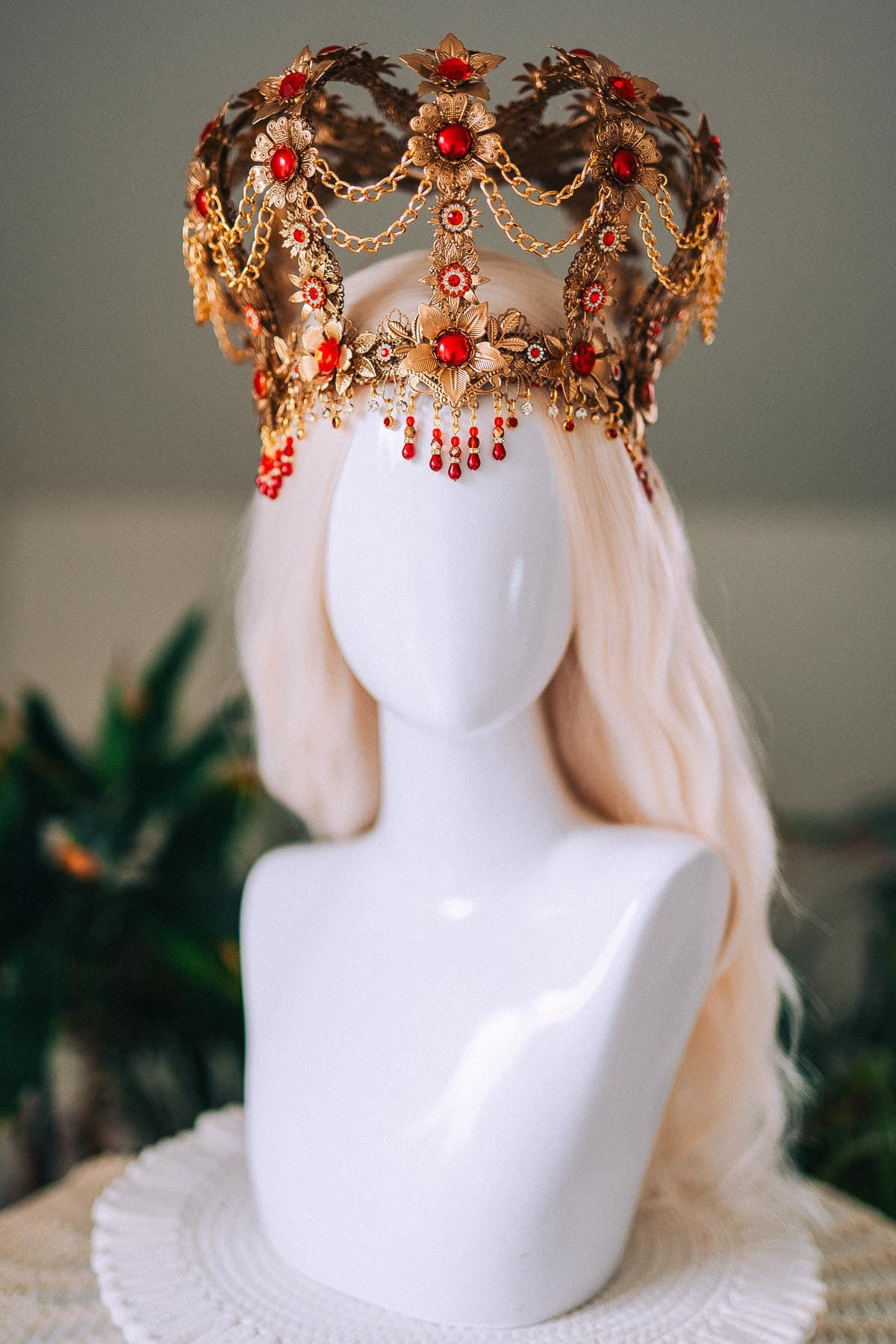 Royal Gold Baroque Crown Red Gem Queen Headpiece Regal Filigree Chain Drape Beaded Fringe Floral Tiara Statement Headdress