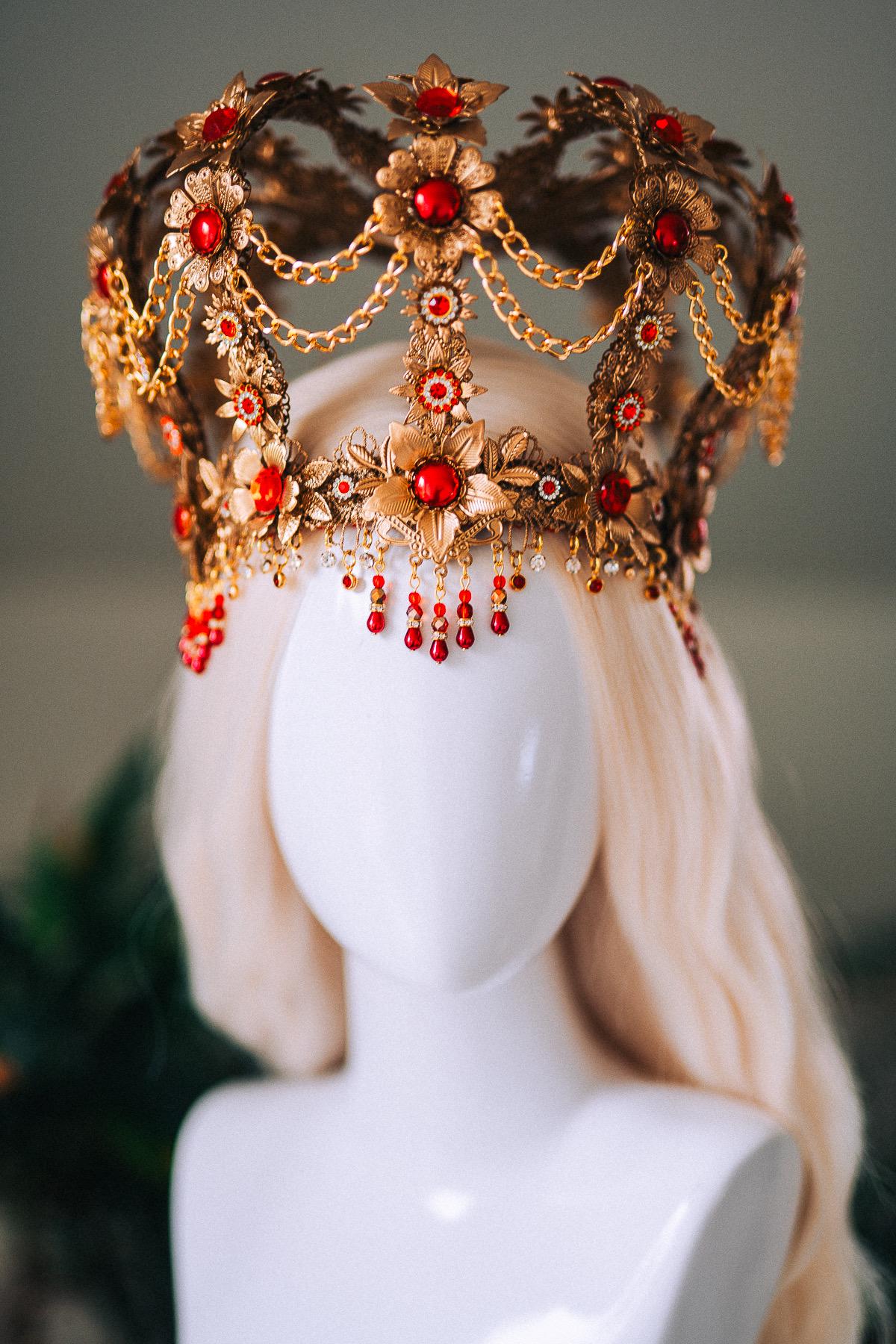 Royal Gold Baroque Crown Red Gem Queen Headpiece Regal Filigree Chain Drape Beaded Fringe Floral Tiara Statement Headdress