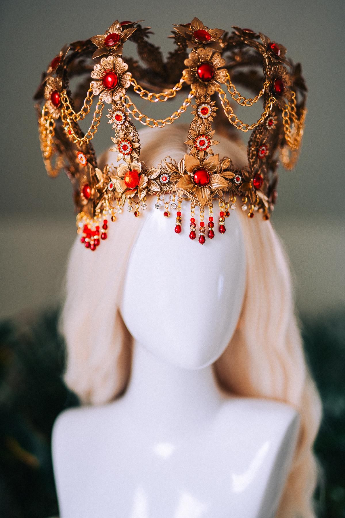 Royal Gold Baroque Crown Red Gem Queen Headpiece Regal Filigree Chain Drape Beaded Fringe Floral Tiara Statement Headdress