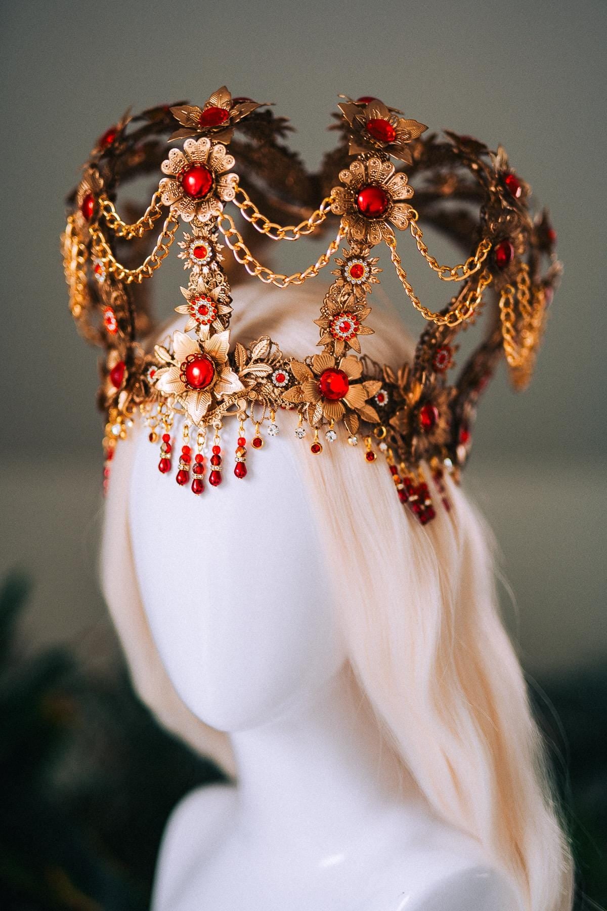 Royal Gold Baroque Crown Red Gem Queen Headpiece Regal Filigree Chain Drape Beaded Fringe Floral Tiara Statement Headdress