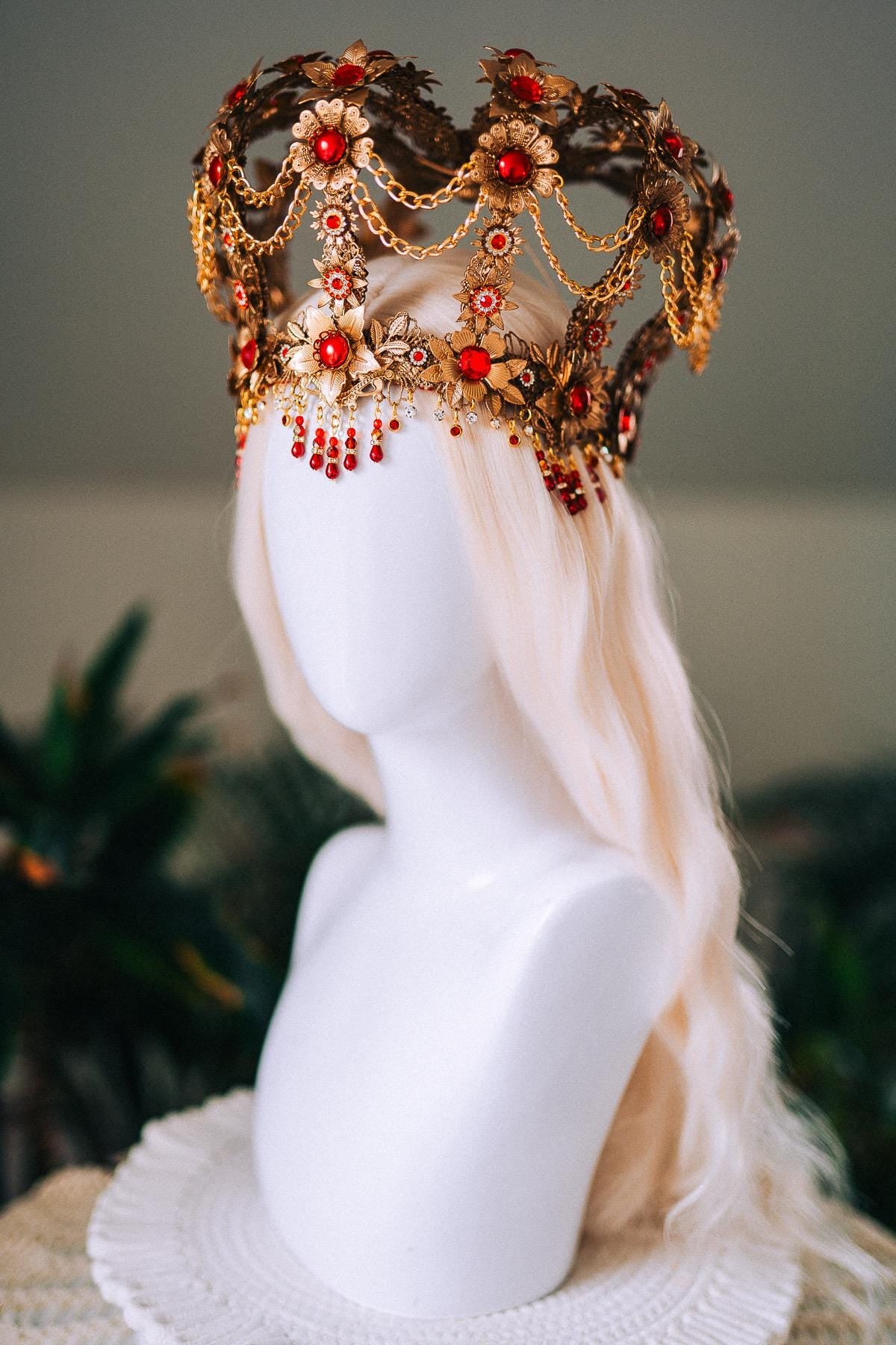 Royal Gold Baroque Crown Red Gem Queen Headpiece Regal Filigree Chain Drape Beaded Fringe Floral Tiara Statement Headdress